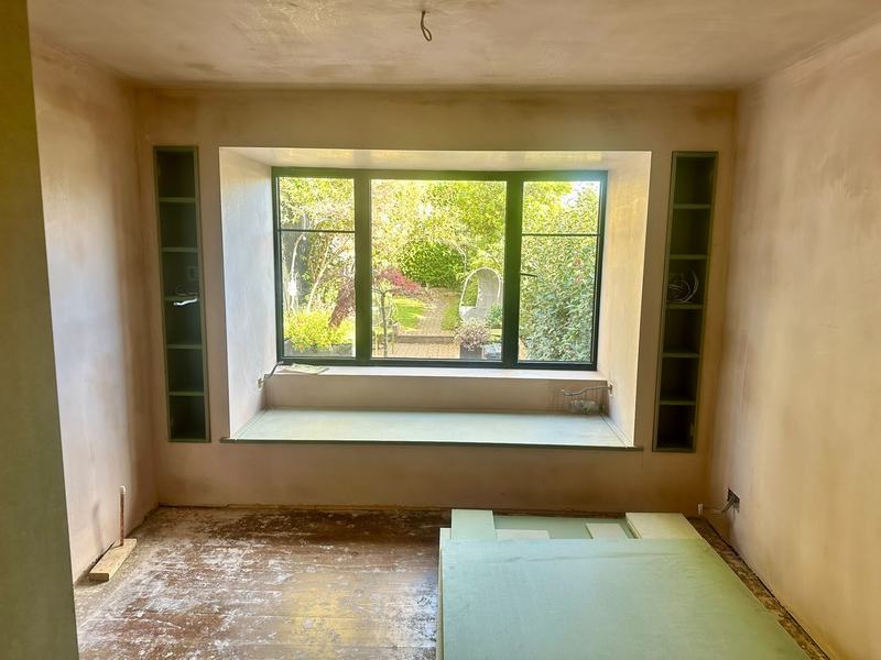 Bay window: The bay recess plastered, ready for the window seat.